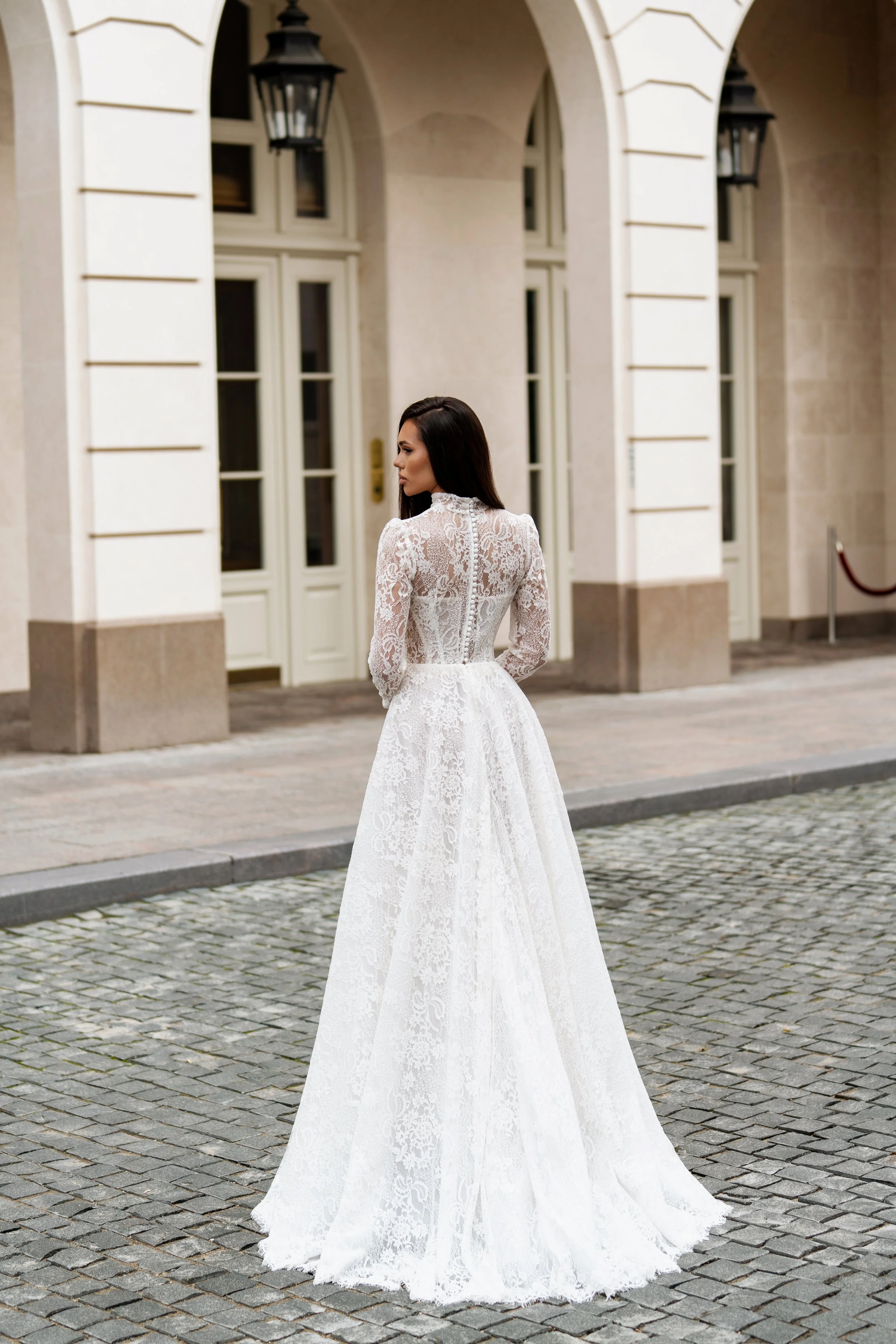Elegant French Lace Wedding Dress with High Neck & Long Sleeves